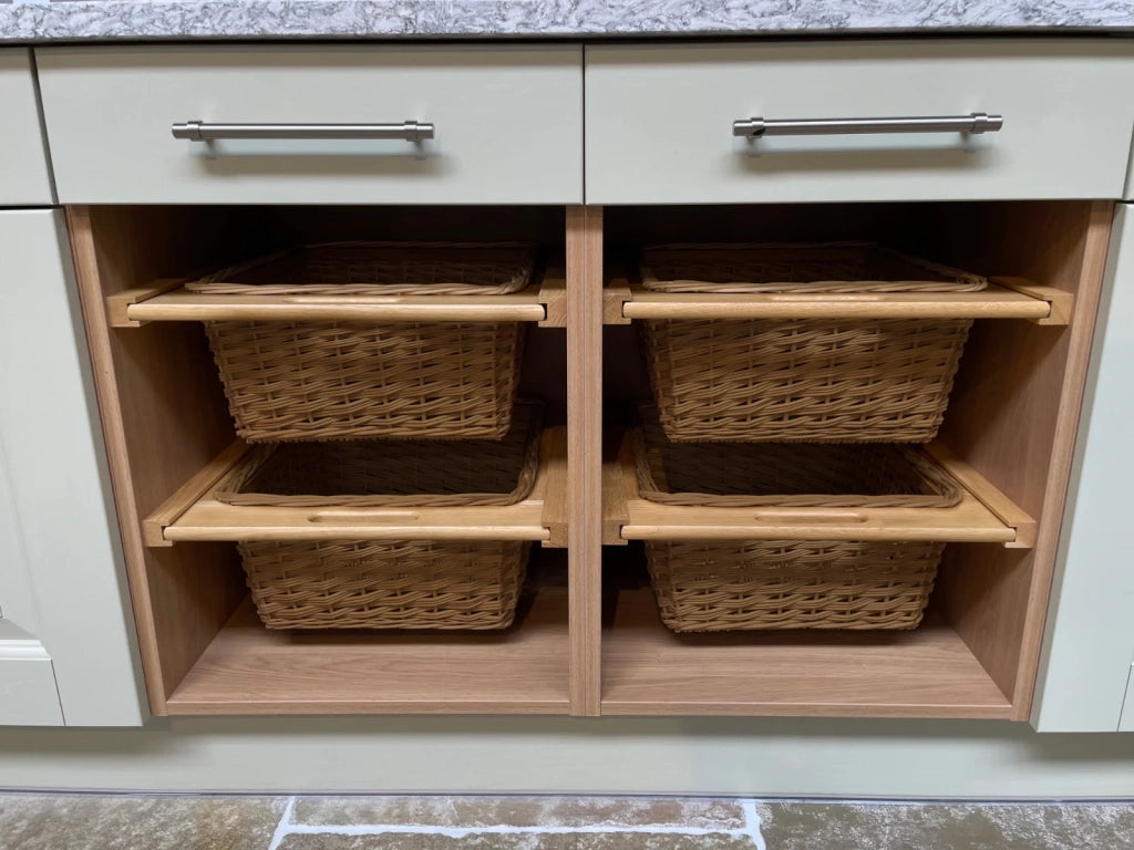 Cestelli Estraibili in Vimini per Cucina Cassetti Credenza Cesto in Vimini con Telaio e Binari in Legno di Faggio per Dispensa da 40cm Organizza Unità 40 cm con Viti - 3 Cesti