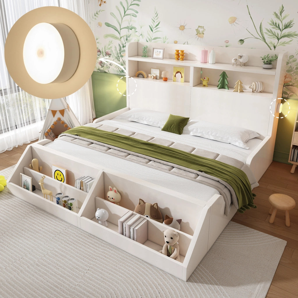 Letto in legno bianco con luci notturne e libreria removibile