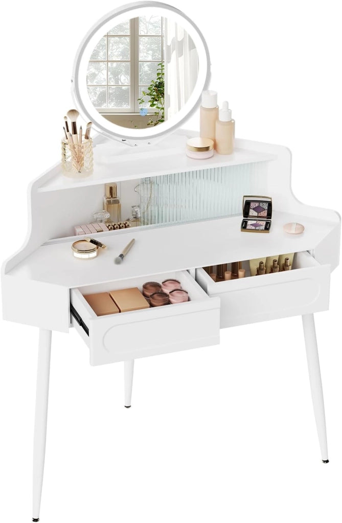 WOLTU Toeletta ad Angolo con Luce, Specchio Dimmerabile, Tavolo da Toilette, 2 Cassetti, 1 Ripiano con Divisorio in Vetro, Tavolino Salvaspazio, Gambe in Metallo, Bianco