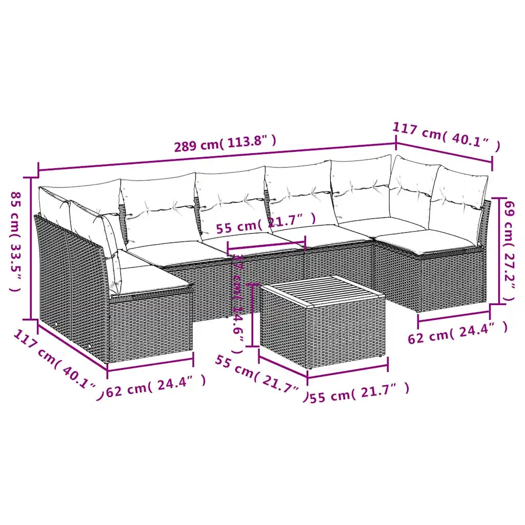 Set Divani da Giardino 8 pz con Cuscini Nero in Polyrattan 3255903