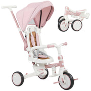 Triciclo 5 in 1 per Bambini con Maniglione di Spinta e Copertura ¨C Xylo ¨C Rosa, 96.5x49x101 cm