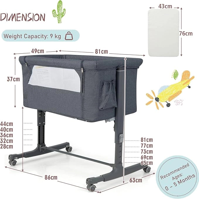 Culla Neonato Fianco Letto 3 in 1, Lettino Dondolo Neonati con Materasso, Culla da Campeggio con Ruote e Borsa, Regolabile In Altezza, Inclinazione di 10°, per Bambini 0-6 Mesi (Grigio Scuro)