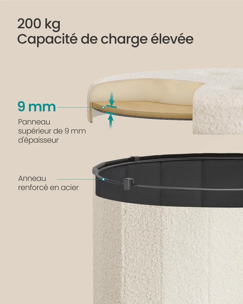 Sgabello/poggiapiedi rotondo con coperchio rimovibile 46 x 45 cm pieghevole facile da montare tessuto felpato per camera da letto soggiorno corridoio bianco crema 12_0006350