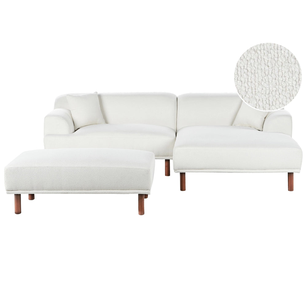 Divano ad angolo sinistro in tessuto bianco lato sinistro con pouf stile minimalista