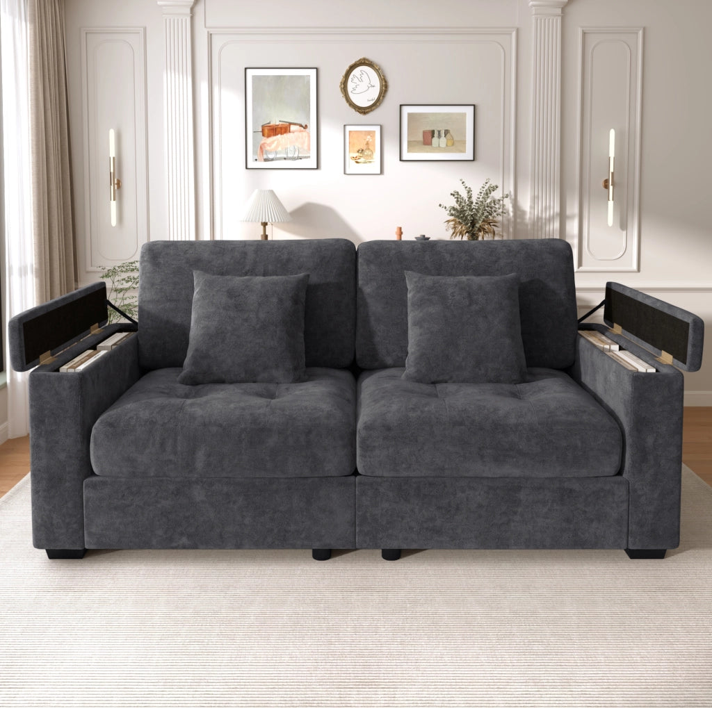 Divano 2 posti moderno in chenille grigio scuro con contenitore nei braccioli e cuscini