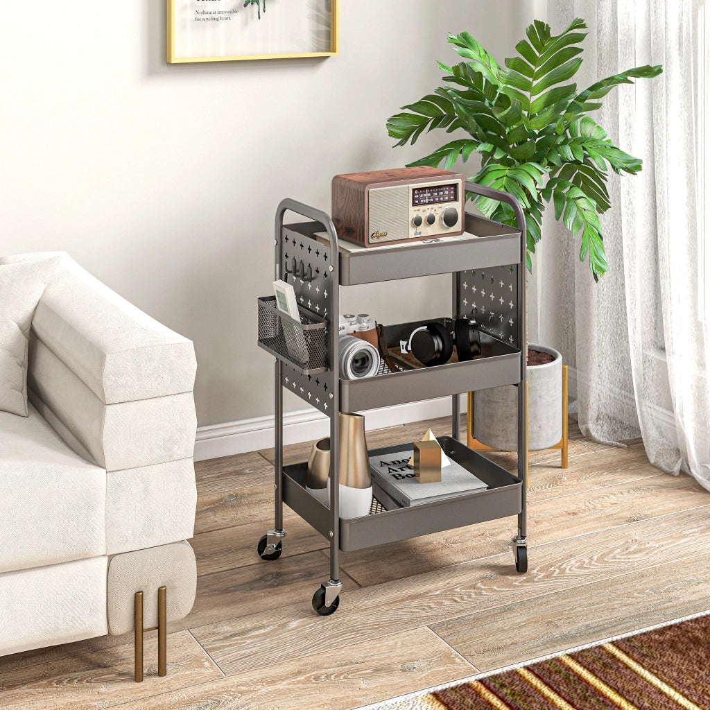 Carrello Multiuso con 3 Ripiani e 4 Ruote ¨C zephmum ¨C Grigio 53.5x30.5x75 cm