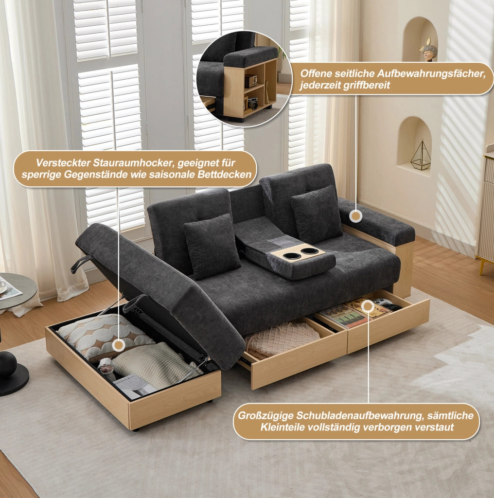 Divano letto grigio in chenille con contenitore e schienale regolabile