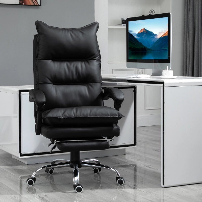 Sedia da ufficio in ecopelle ergonomica con poggiapiedi, braccioli e schienale reclinabile, girevole, nero