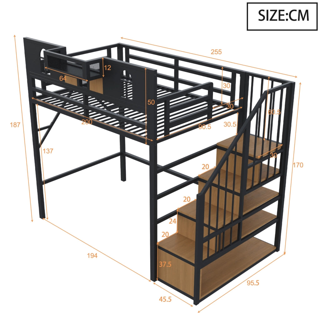 Letto a soppalco in metallo 90 x 200 cm con scala contenitore; ripiani e barra luminosa nero