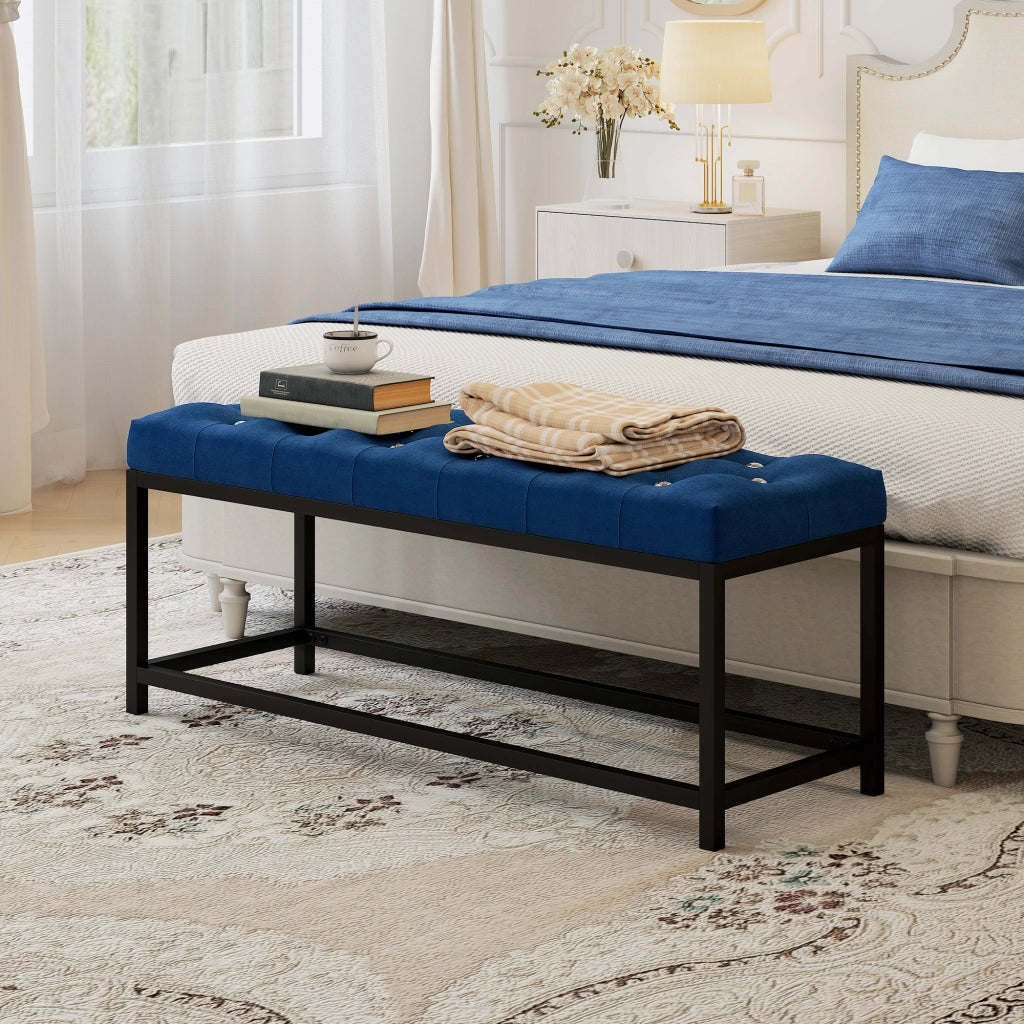 Letto Imbottito con Testiera a Piede in Velluto Capiton¨¦ ¨C Zephmum ¨C Blu Scuro 160x200 cm