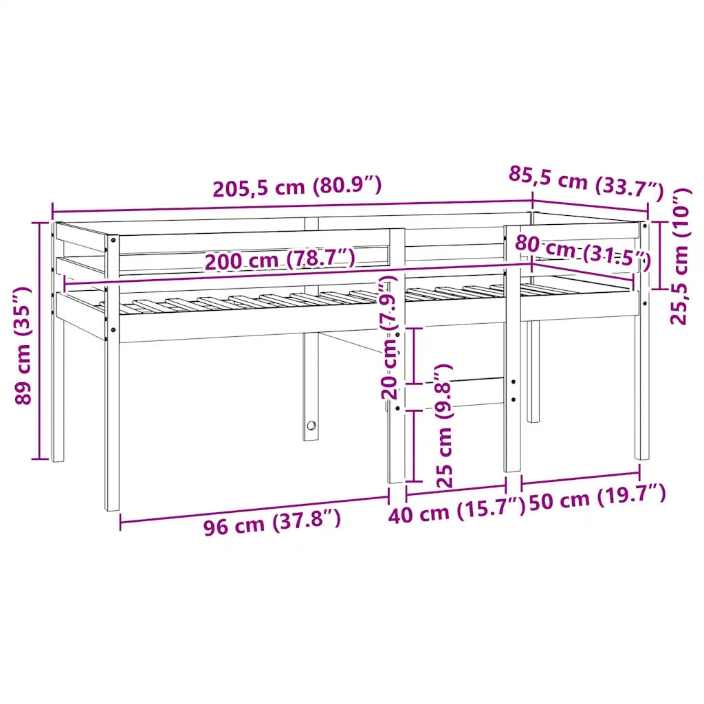 Letto a Soppalco 80x200 cm in Legno Massello di Pino 821609