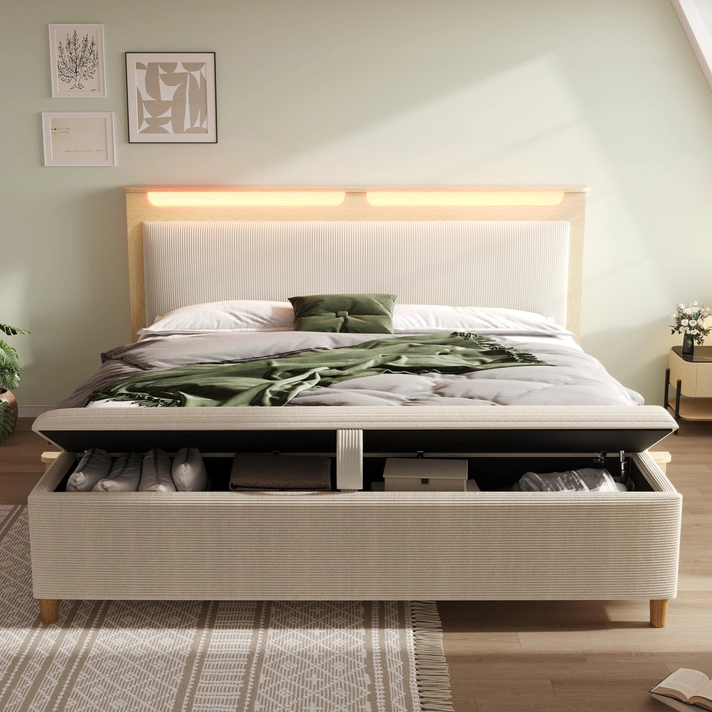 Letto matrimoniale 160x200 cm in legno con testiera LED, vano portaoggetti e panca contenitore beige