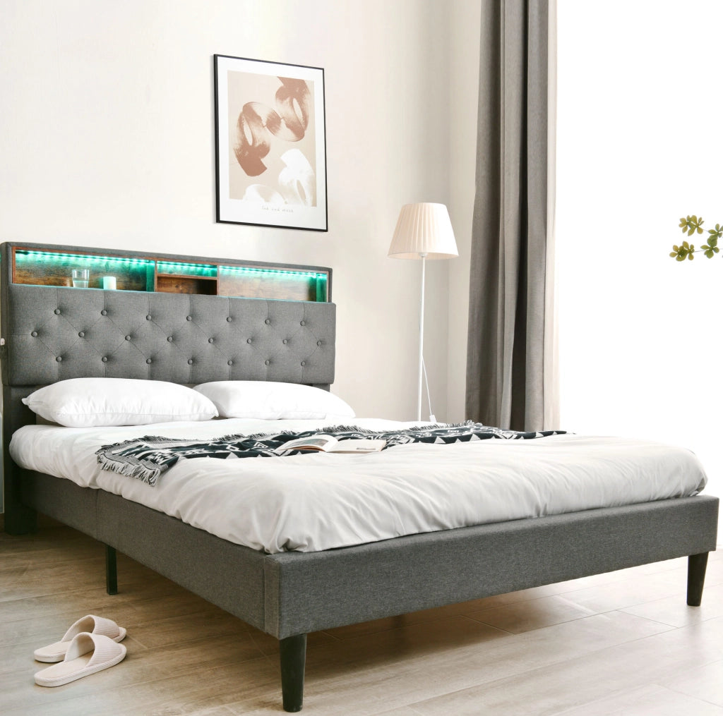Letto matrimoniale imbottito con testiera contenitore e illuminazione LED, grigio
