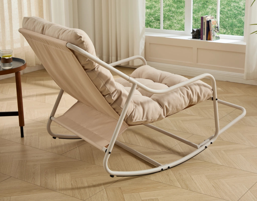 Sedia a dondolo comoda con spessa imbottitura per soggiorno e camera da letto giardino e terrazzo struttura beige cuscino beige