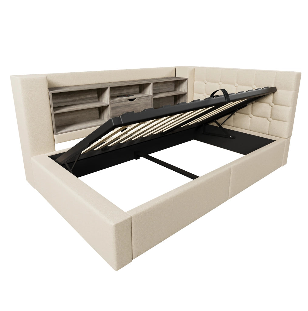 Letto singolo 90x200 cm con LED; contenitore idraulico e testiera L reversibile in lino beige