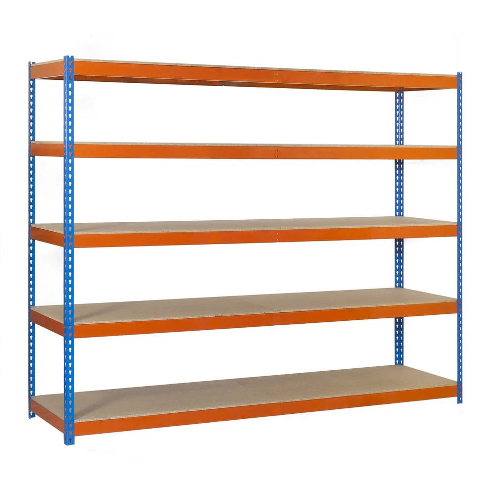 Scaffale in metallo Simon Rack senza viti colore blu/arancio/legno 5 ripiani 2000x1500x600 mm Made in Spain