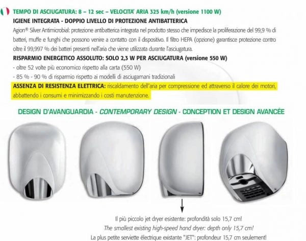 Asciugamani elettrico ECOSTREAM LF 1100 hot alluminio cromato lucido