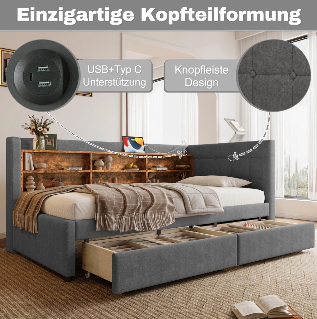 Letto singolo 90x200 cm in lino con 2 cassetti e porte USB