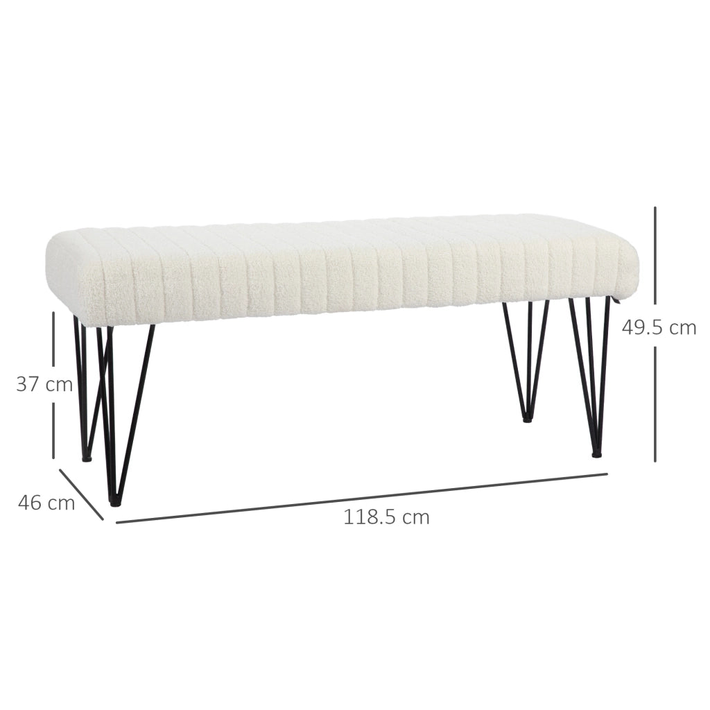 Panca Fondoletto Moderna con Gambe a Forcina, Panca Imbottita in Tessuto Effetto Ciniglia, Legno e Metallo, 118.5x46x49.5 cm, Crema