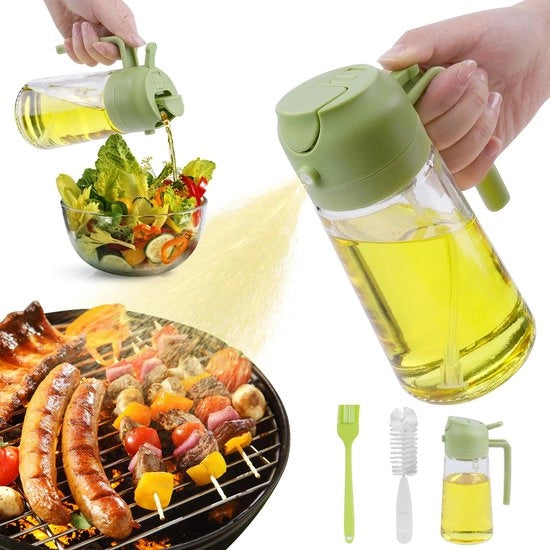 Olioverstuiver multifunzionale per olio da cucina 470 ml, 2-in-1 spremiflussi in vetro, spremiflussi per frittura ad aria, con set di spazzole in silicone e flessa.