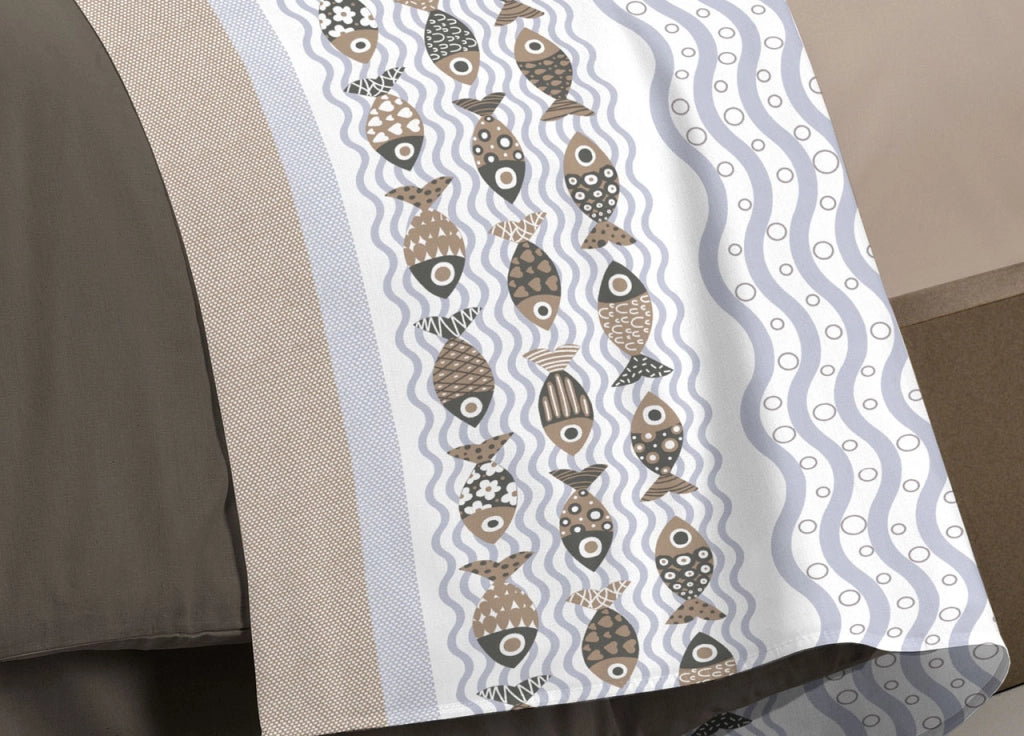 Completo Lenzuola Linea Pensieri Delicati 100% Cotone Disegno Pesciolini - Singolo - Beige