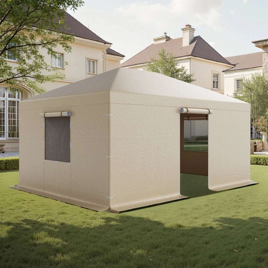 Copertura invernale per gazebo 3,70 x 4,92 m in PE impermeabile beige con pareti laterali e finestre, telo protettivo da giardino