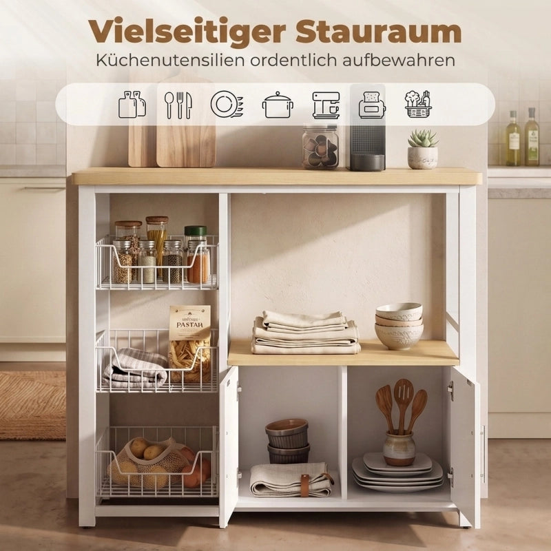 Scaffale da cucina con ripostiglio, 100x35x80 cm, bianco, con 3 cesti e armadio