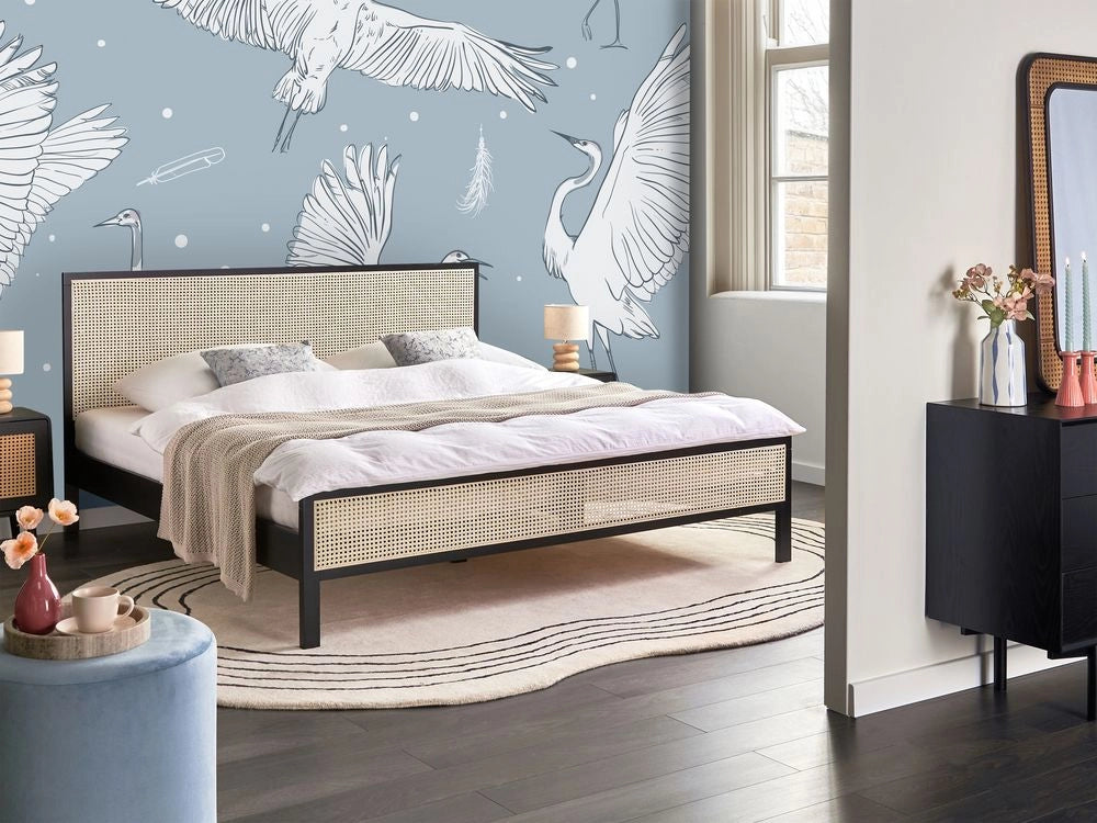 Letto in legno di pino nero 180 x 200 cm matrimoniale con testata a treccia viennese a doghe stile rustico minimalista