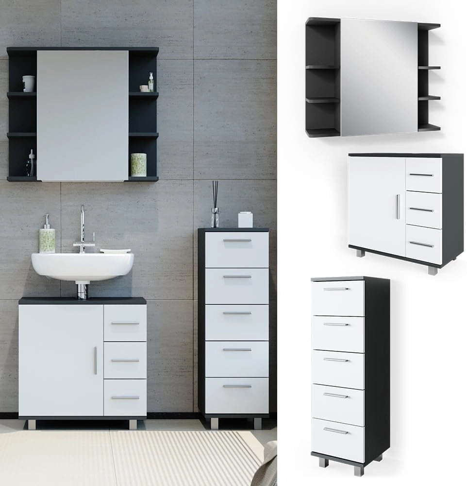 Set mobili bagno Ilias, Antracite, 60 cm, composto da mobile sottolavabo, specchiera e mobile medio
