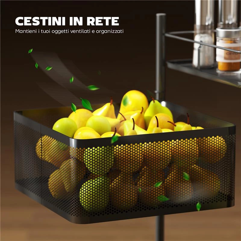 CARRELLO CUCINA A 3 LIVELLI CON CESTINI IN METALLO GIREVOLI, RUOTE E FRENO, 27.5X27.5X62 CM, NERO