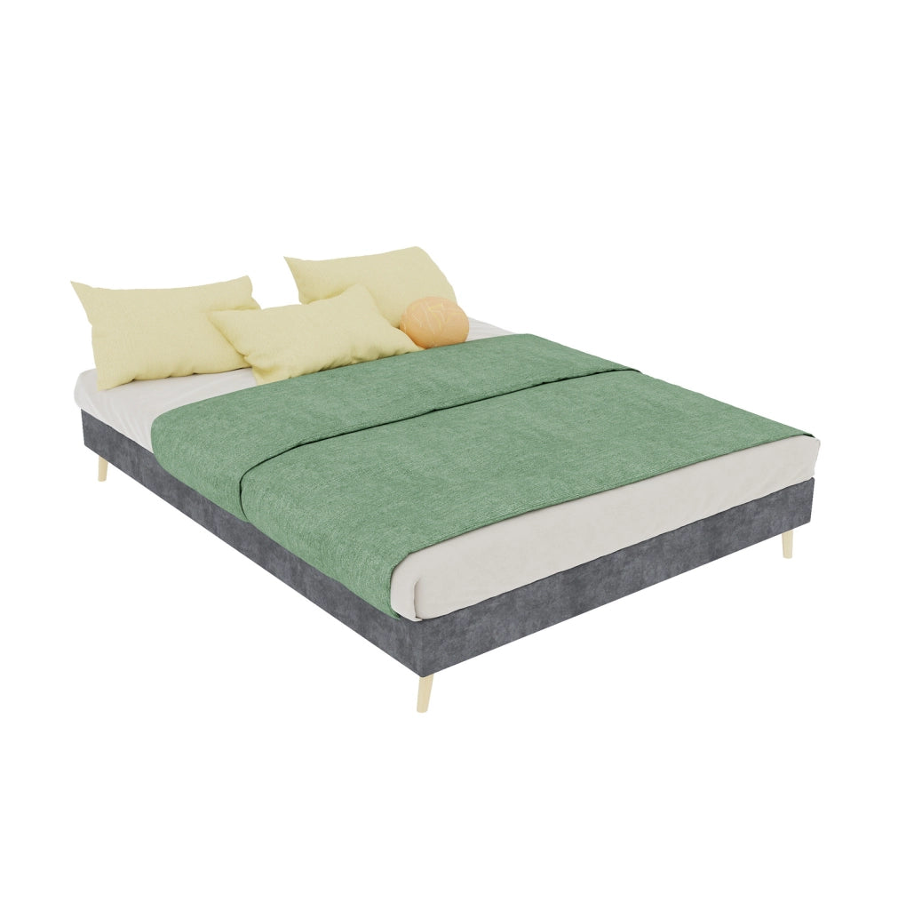 Letto 140x200 cm con testiera geometrica e rivestimento in tessuto grigio