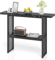 Tavolo Console da ingresso, 120 x 29,5 x 92,5 cm, piano in finto marmo e telaio in metallo, tavolino ausiliario con 2 ripiani, risparmio di spazio, tavolo da soggiorno, corridoio (nero)