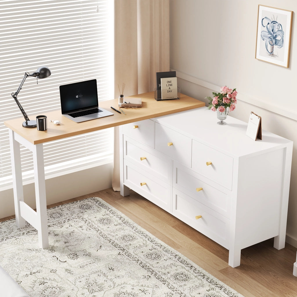 Scrivania con 7 cassetti e piano girevole 360 gradi per studio in bianco e rovere
