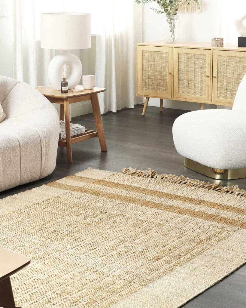 Tappeto in juta beige 140 x 200 cm con nappe motivo geometrico intrecciato a mano stile bohémien per soggiorno camera da letto
