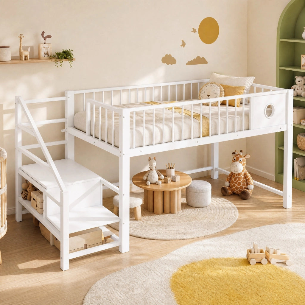 Letto a soppalco basso per bambini 90x200 cm in metallo bianco