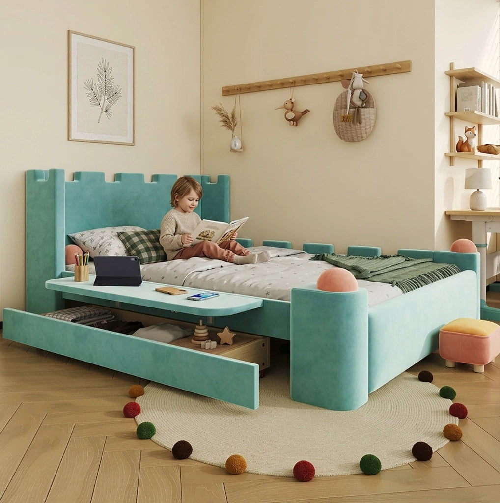 Letto imbottito 140x200 cm con sponda pieghevole e cassetto contenitore in velluto blu-verde