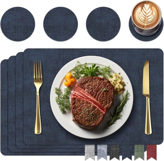 Set di placemats e sottopanchetti in pelle - lavabile - confezione da 4 - blu marino - pelle