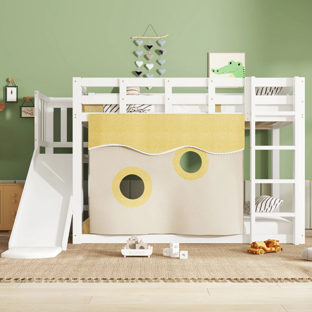 LETTO A CASTELLO 90x200 cm Bianco in MDF e Pino con scivolo e tende