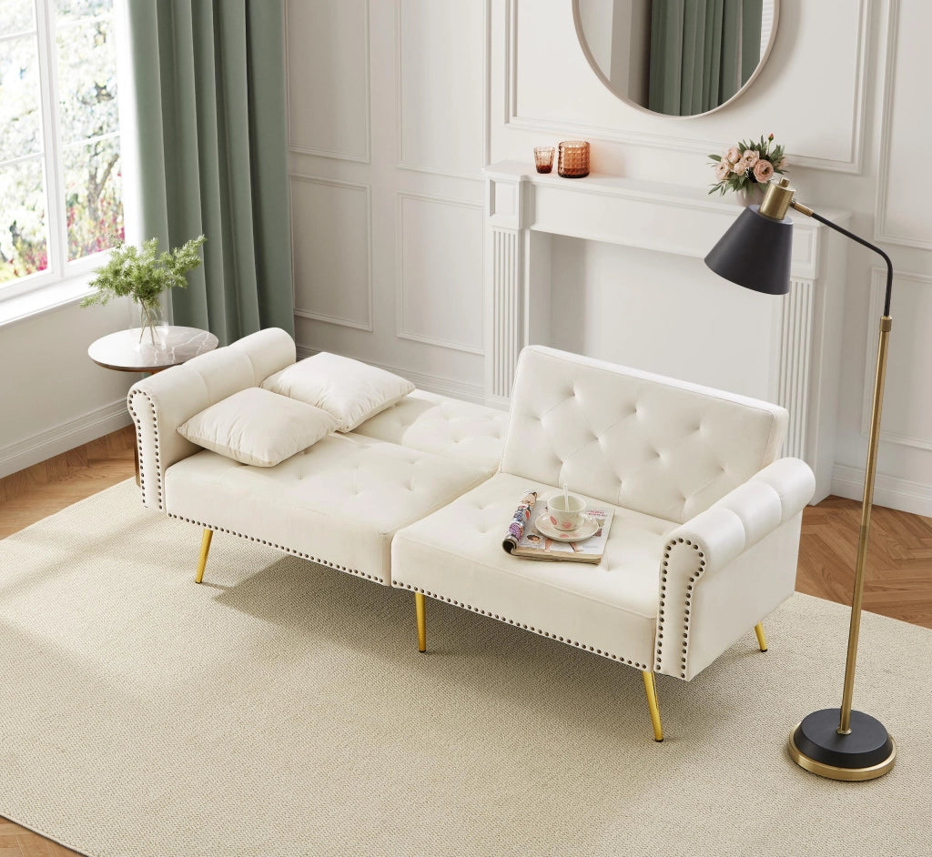 OKWISH Divano letto 2 posti, doppio schienale regolabile in 3 posizioni con 2 cuscini e spazio inferiore, Velluto Beige
