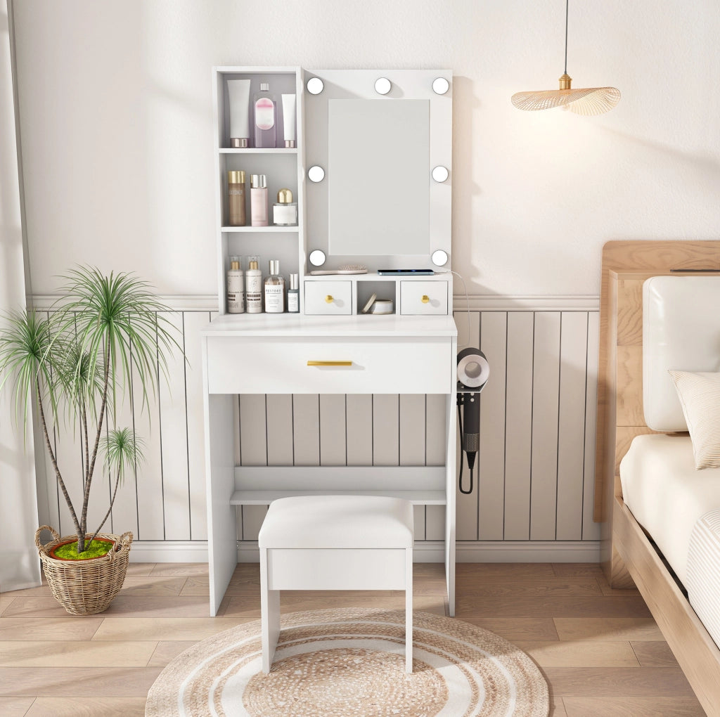 Tavolo da trucco con specchio LED a 3 modalità; presa e supporto asciugacapelli in MDF bianco