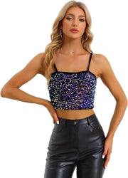 Camisola di seta con paillet e spaghettiband per donne, ideale per feste in discoteca, disponibile in nero e viola, taglia L.