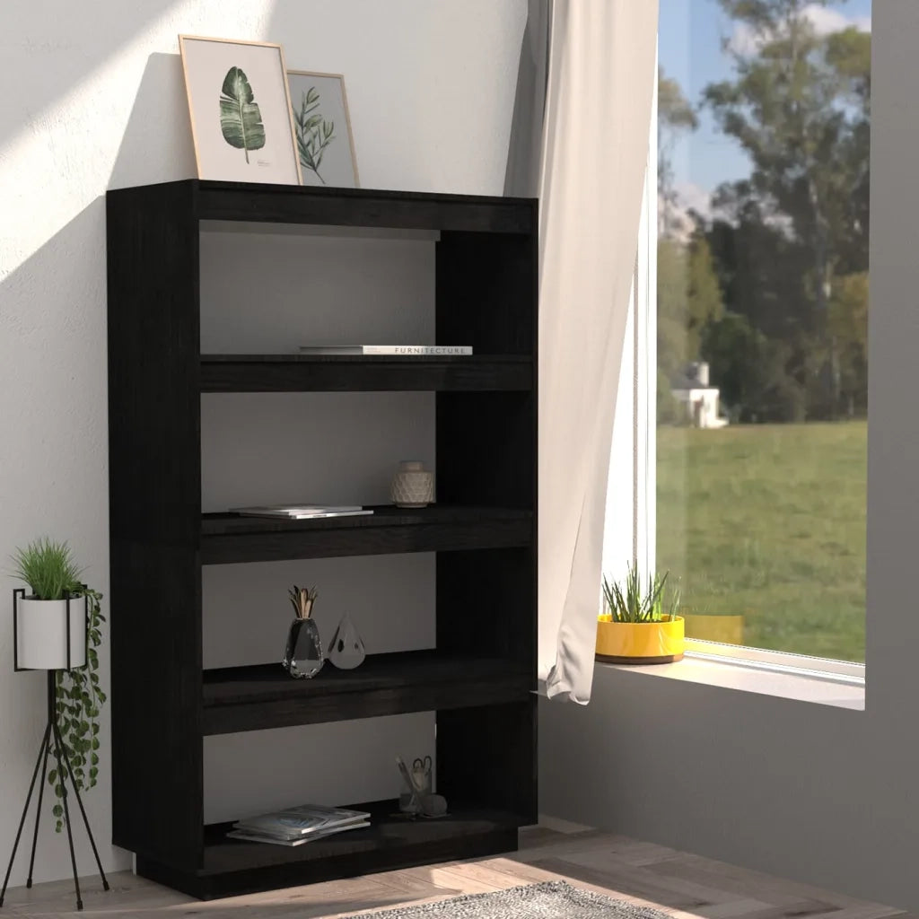 Libreria Divisorio-Scaffale per Libri-Mobile di Stoccaggio Nero 80x35x135 cm in Legno Massello di Pino