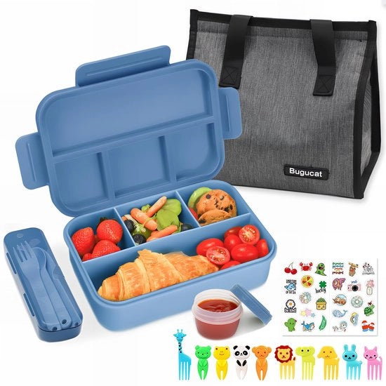 Lunchbox con compartimenti 1300ML, impermeabile per bambini con sacchetto per pranzo, bentobox con set di utensili e forchetta per frutta per adulti, lunchbox box per colazione per ragazzi e ragazze, colore blu scuro.