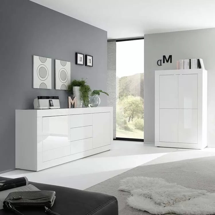 Madia moderna 2 ante 3 cassetti bianco lucido 210x43x86 - Mobili 2G