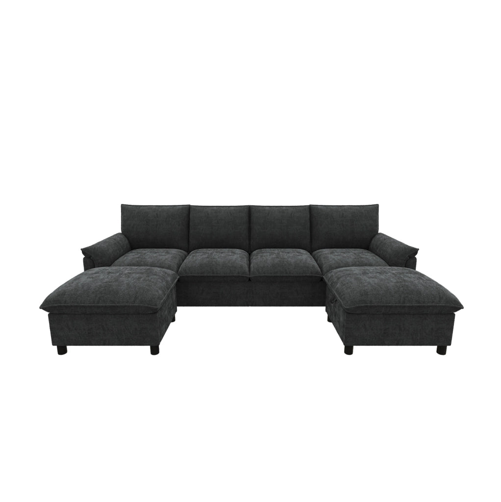 Divano modulare angolare in chenille nero con 2 pouf