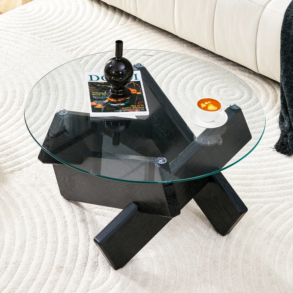Tavolino da caffè rotondo con base incrociata in MDF e vetro - per soggiorno - 79 cm - nero