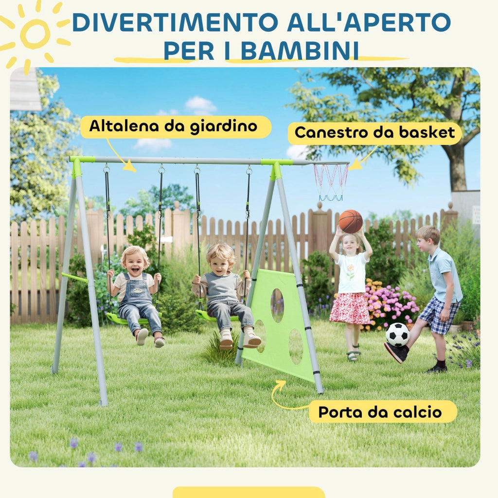 Gioco per Bambini 3 in 1 238x180x182 cm con 2 Altalene Canestro e Porta da Calcio Verde e Grigio
