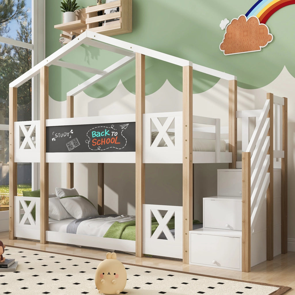 Letto a castello per bambini 90x200 cm con scala contenitore, design casetta, bianco/naturale