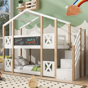 Letto a castello per bambini 90x200 cm con scala contenitore, design casetta, bianco/naturale