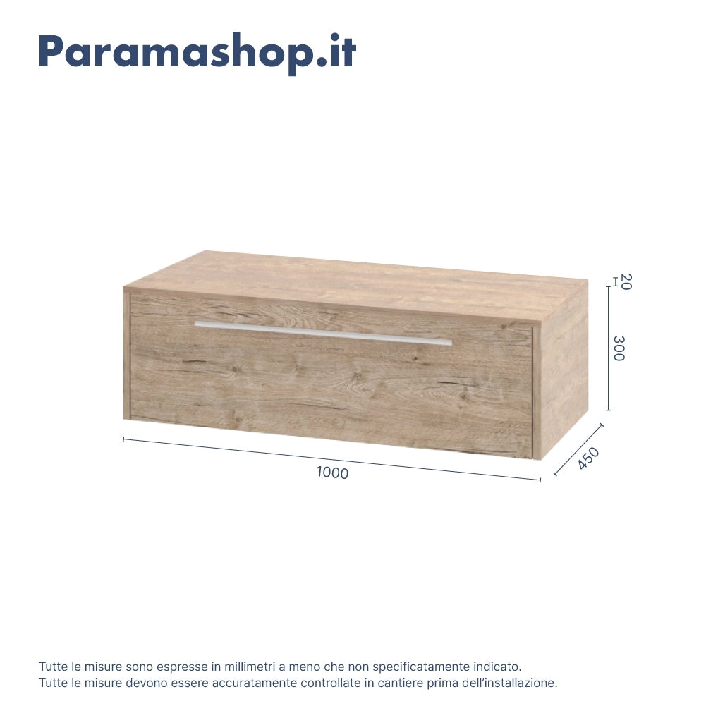 Mobile bagno sospeso 100cm rovere naturale un cassetto soft-close con top e specchio | Aoki